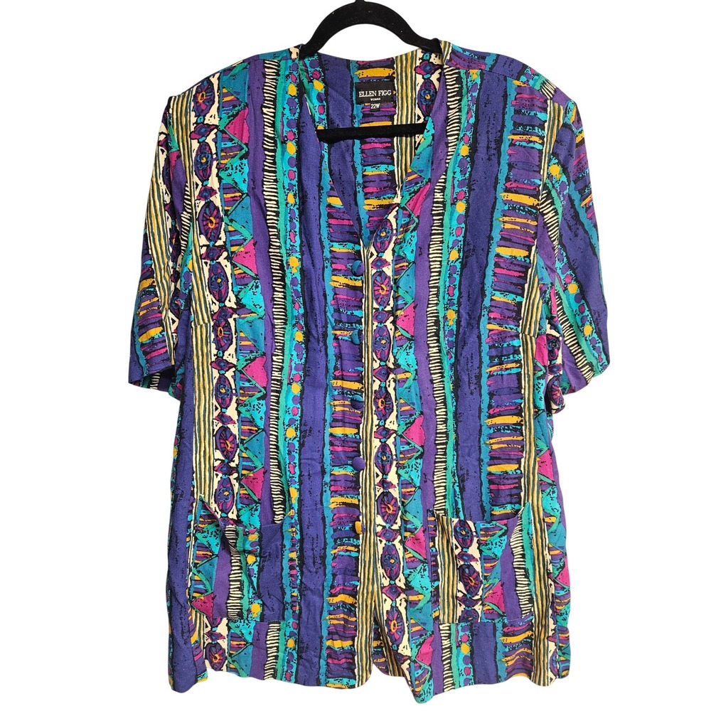 Ellen Figg Woman Vintage 90s Abstract Geometric Rayon Shirt Purple Teal 22W USA